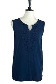 Top Crochet Sleeveless Split Neck Blue Cotton Women’s Size Large