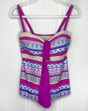 Tropical Escape Striped Tankini Swim Tie Tank Top Neon Purple Blue Tan Size 8