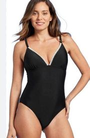 Kona Sol Black One Piece Swimsuit NWOT ~ Cream Crochet Detail, Padded ~ Medium