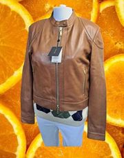 NWT Massimo Dutti Tan Leather Motorcycle Jacket 4702 Small