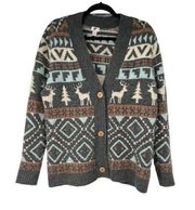 Gray Neutral Fair Isle Deer Grandpa Cardigan Sweater