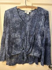 Karen Kane Blue Embroidered Ombré Tie Dye Tie Front Blouse Bell Sleeve Large