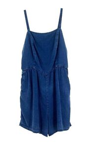 Old Navy Blue Chambray Smocked Cami Romper Pockets Sleeveless Dark Wash Size L