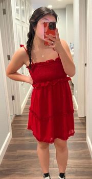 Red Smocked Tie Babydoll Ruffle Dress