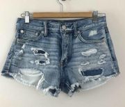 American Eagle Vintage Hi Rise Festival Ripped patched cutoff jean shorts 2