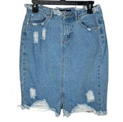 Misguided SZ 6 Denim Jean Skirt Distressed/Rips Pockets Frayed Hem Light Wash