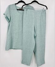 FLAX 100% Linen 2 Piece Set Short Sleeve Tunic Top And Pants Blue Green Small