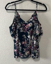 LORD & TAYLOR Design Lab Navy Floral Cold Shoulder Ruffle Top, Size S