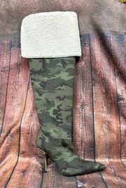 Good American High Kickstand Camouflage Neoprene Knee High Boots - size 8.5