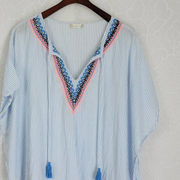 Altard State Womens Cover Up Medium Blue Striped Embroidered Tasseled V-Neck