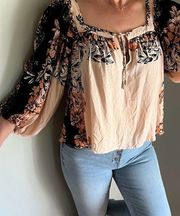 Free People  Women's light Coral Floral 3/4 Sleeve Crop Peasant Boho top