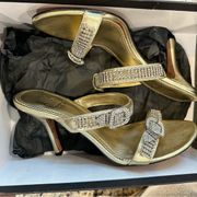 Pelle  Piper Sandals Gold Metallic Napa Heels Sparkles Rhinestones, 7.5W