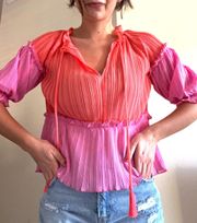 NWT Coral Red & Pink Pleated Fanfare Colorblock Tassel Tie Blouse