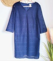 Chico's, New, Midnight Navy Blue 3/4 Sleeve Lace Shift Dress, Size Large