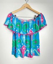 Crown & Ivy Off Shoulder Shirt Womens Small Blue/Pink Pom Trim Top