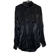 Nasty Gal Black Metallic Shiny Long Sleeve Button Down Shirt Size 2