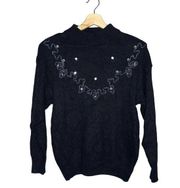 Glitz Vintage Silk Blend Beaded/Embroidered Mock Neck Sweater Black Size Large