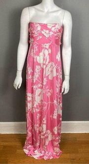 Tibi maxi dress large strapless floral pink silk Hawaiian summer party tie back