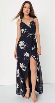 Lulus Lulu’s All Mine Navy Blue Floral Print High-Low Slit Wrap Maxi Dress