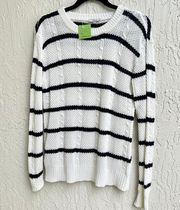 Rails Long Sleeve Cable Knit Striped Pullover Sweater White Blue Women's Medium