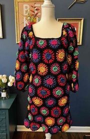 NWT Farm Rio Womens Black Crochet Flowers Mini Dress Size S