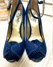 Seychelles Navy Blue Suede Peep Toe Ankle Strap Wedge Heels Size 6