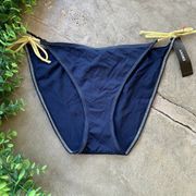 DKNY Swim Bikini Bottom Navy Blue Yellow Side Tie String Bow Size 14