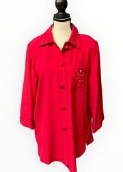 Vibrant Vintage Red Blouse with Gold Stud Detailing