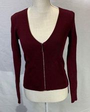 Guess Front Zip Ribbed Maroon Sweater Size M