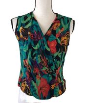 Vintage 90s Sleeveless Faux Wrap Tropical Floral Fish Blouse Rayon