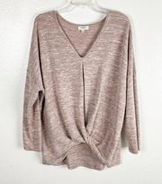 UMGEE Pink Marled Knotted V-Neck Long Sleeves Top, Size Medium