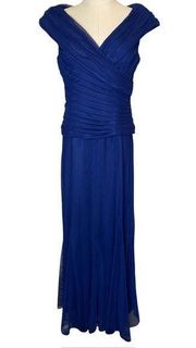 Alex Evenings Blue Maxi Dress Cap Sleeve Mesh Overlay Long Gown, size 12