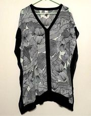 Black & White Tropical Leaf Floral Printed V Neckline Sheer Longline Kaftan Med