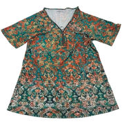 Misslook Shirt Womens X Large Blue Green Orange Floral V Neck Tunic Zip Mini