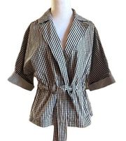 Women’s Black White Gingham Front Tie Open Jacket Career Office Medium