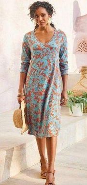 Soft Surroundings Santiago Blue & Orange Floral Midi Dress L