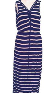 Club Soda Women's Size Large Maxi Empire Tank Dress Navy Blue Striped V Neck Tie