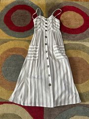 White and Grey Stripe Linen Midi Length Sundress Spaghetti Straps Junior’s XS