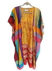 CLAUDE TULUM BEACH COVER UP KIMONO Patched Silk Multicolor Tassels Ruana Boho OS