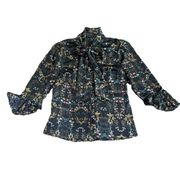 Gracia Black Floral Print Blouse Tie Neck Button-Down Size Medium Women's