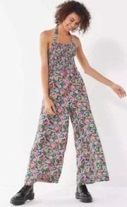 UO Lola Bright Colorful Floral Halter Wide Leg Cropped Jumpsuit