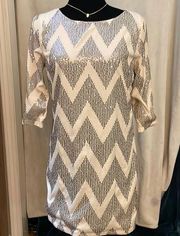 RSVP Cream and Silver Sequined Shift Dress sz Small