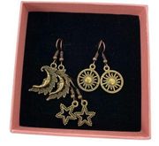 Crescent Moon, Sun and Stars Bronze Celestial Earrings Lot