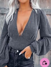 Bar T Boutique Ribbed Long Sleeve Bodysuit In Charcoal Small
