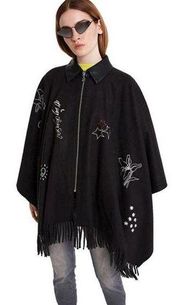 Desigual Black Leather Collar Embroidered Fringe Hem Poncho One Size Zip Front