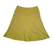 J Jill Size 12 Embroidered Midi Skirt Floral A Line Cotton Modest Green Pink