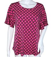 East 5th Shirt Women Medium Petite Pink Black Diamond Print Blouse Office Casual