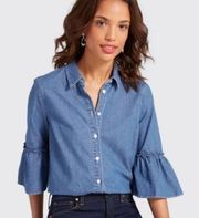 Draper James Blouse Women 6 Blue Chambray Bell Sleeve Button Up Collared Coastal