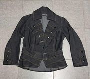 Bisou Bisou Dark Blue Denim Belted Jean Jacket Ruffled Hem S Military Band