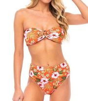 Cabana Del Sol Orange Floral Bandeau High-Waist Bikini Size M NWOT (L011)